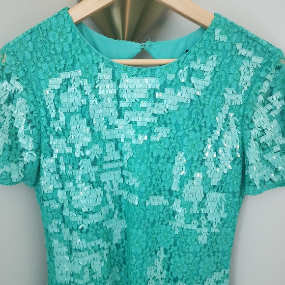 Karen Millen Embellished Mint Green Palms Shift Dress, US 6 - Picture 2 of 4